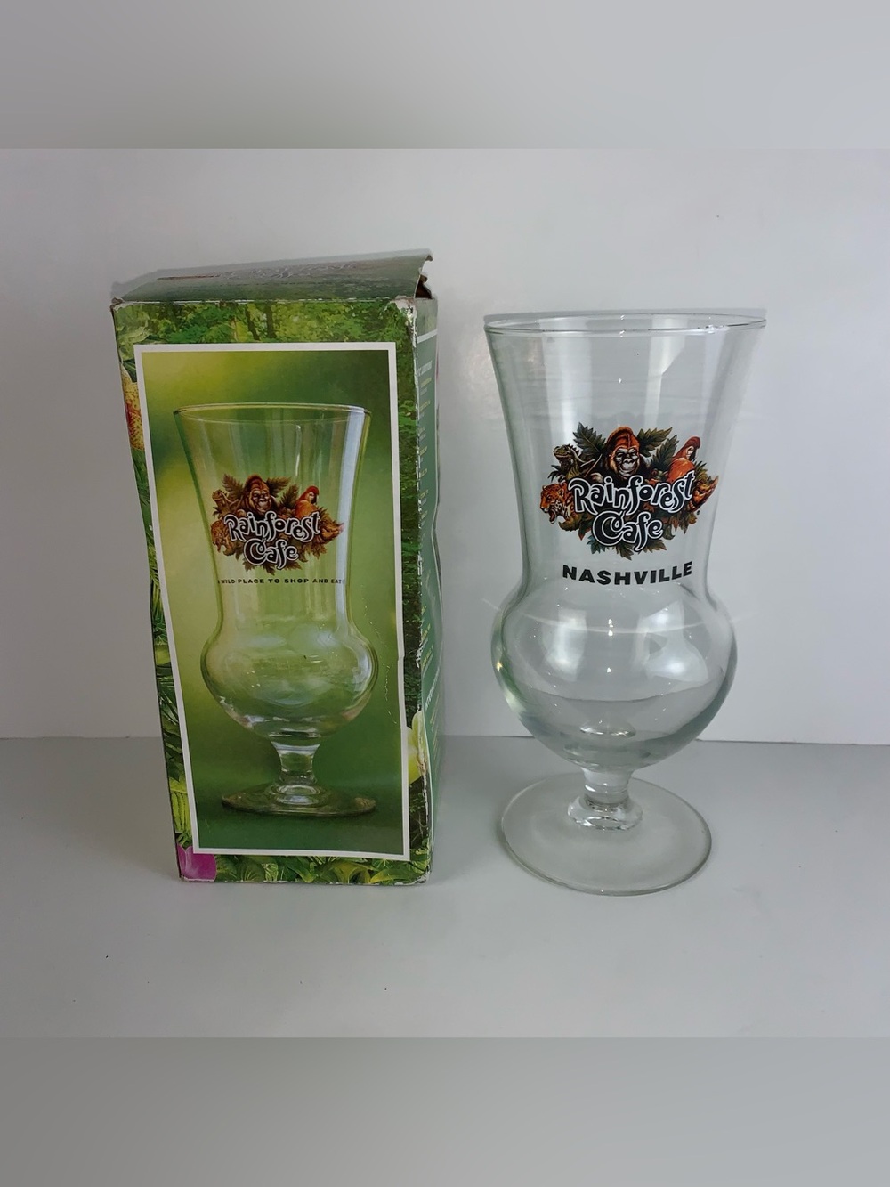Rainforest Cafe  Nashville souvenir Drinking Glass with Box ~ 8" Tall ~